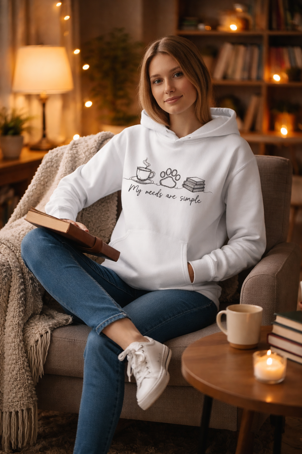 ☕ Hoodie “My needs are simple” – Confort & vibes bookish